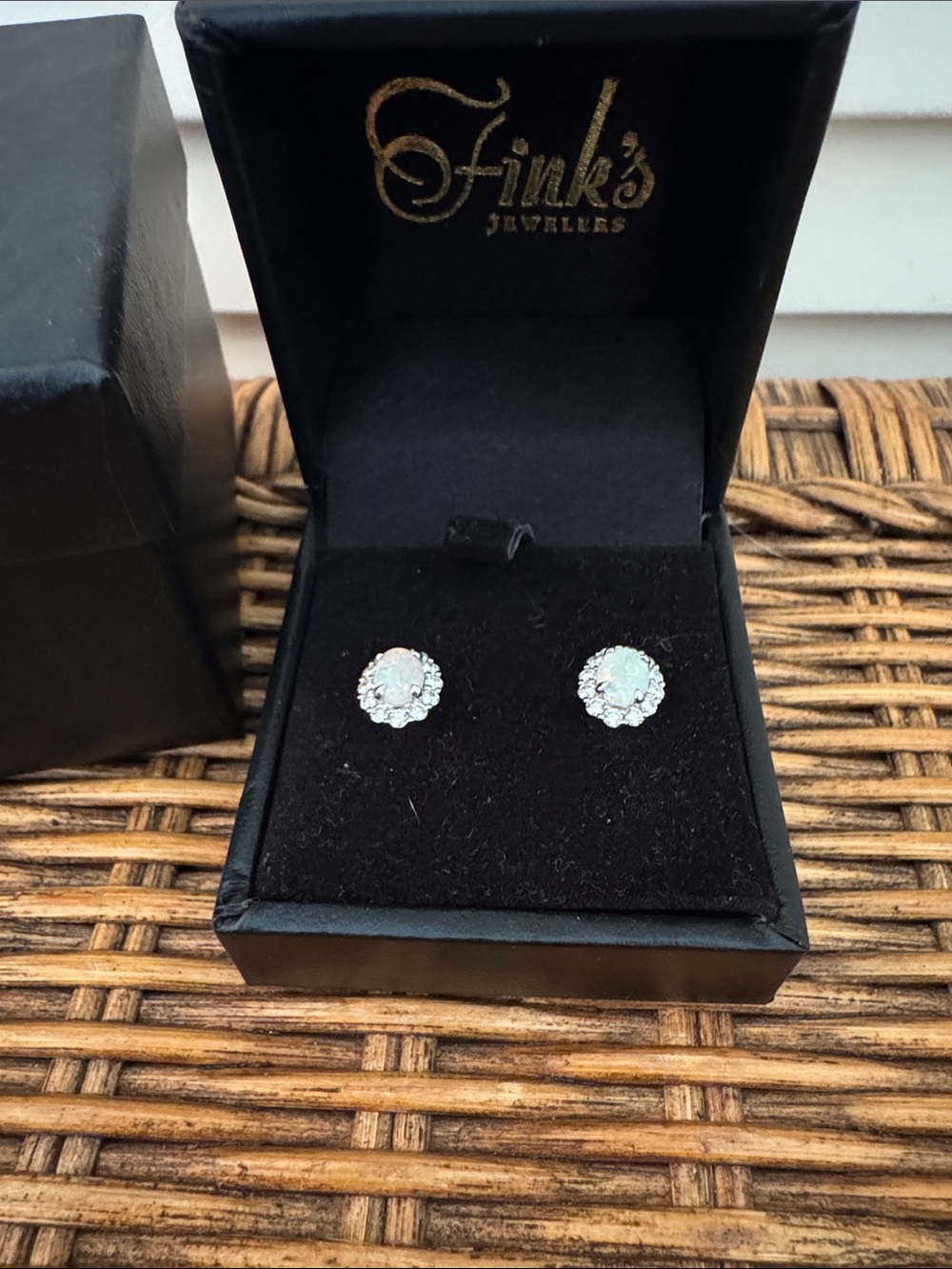 18k white gold oval opal and diamond halo stud earrings